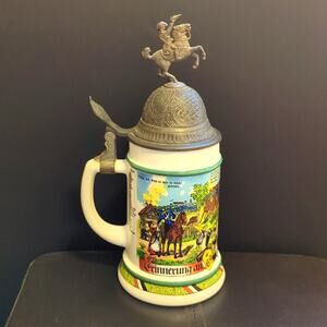 Vintage BMF Original West Germany Soldier Horse Lid Hinged Beer Stein
